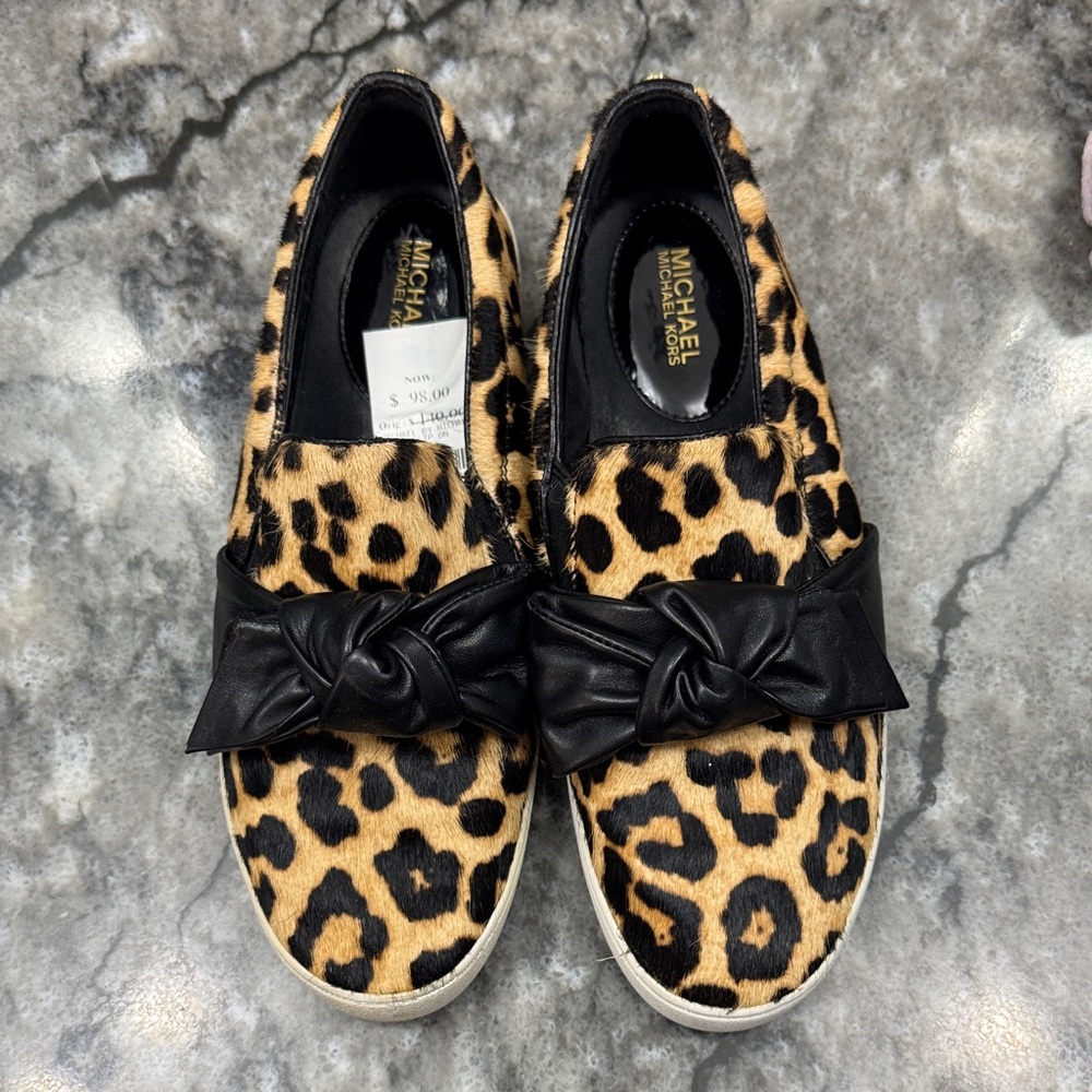 Michael Kors Animal Print Slip-On Shoes with Black Bow